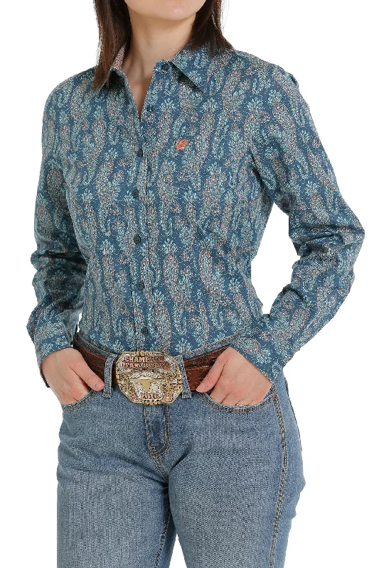 Cinch Women’s Teal Paisley Print Shirt Polished Women's Silk