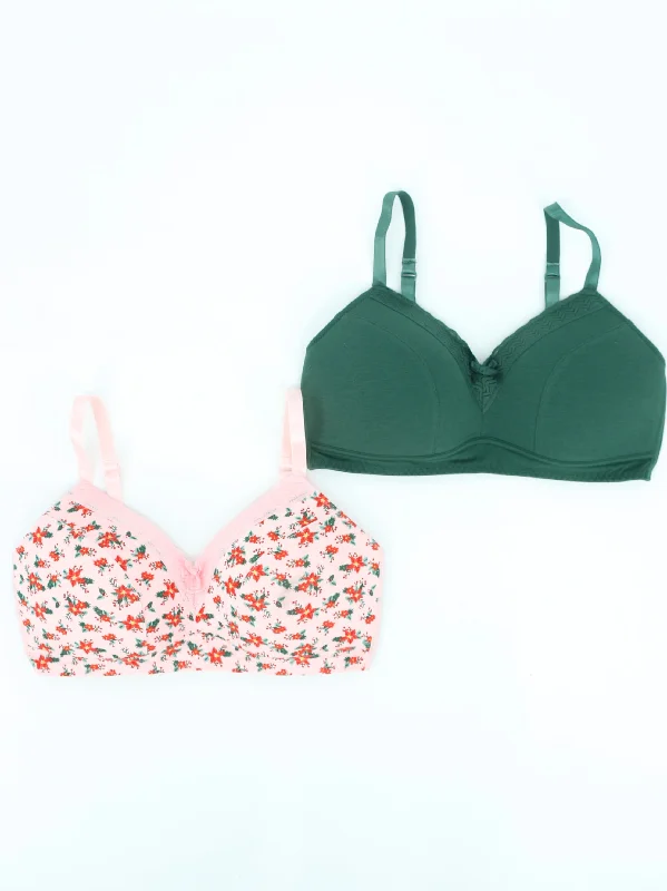 Women's Laced Trim 2 Pcs Bra Set,Pink/Dark Green Hip Women's Retro