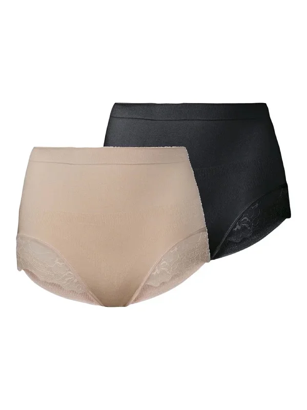 Women's 2 Pcs Lace Trim Briefs Set,Black/Beige Modern Women's 