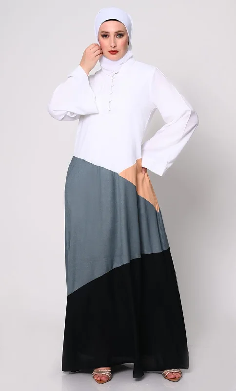 Contemporary Elegance: Abaya with  Neutral Color-Blocking Panels and Practical Pockets