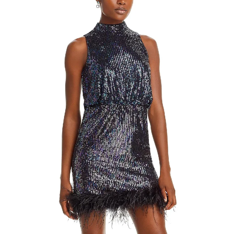 Eliza J Womens Feather Trim Sequined Cocktail And Party Dress