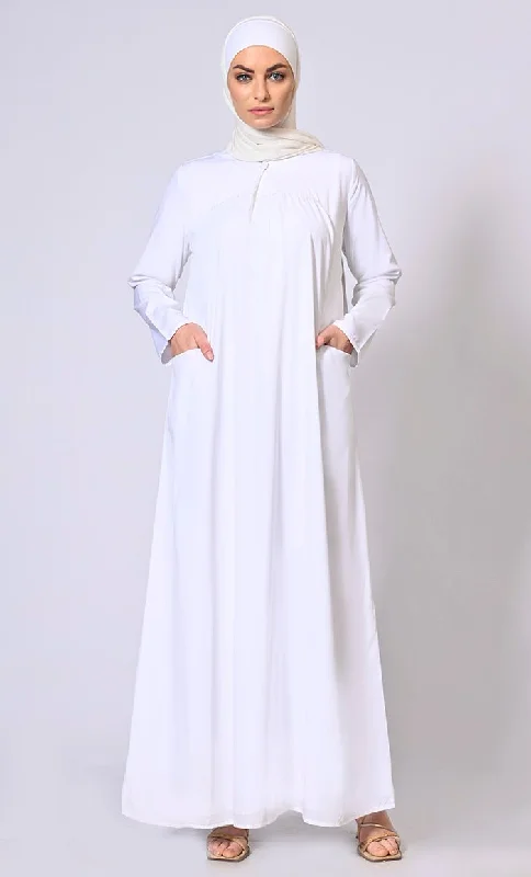 Glamorous Layers: White Double Layered Abaya with Sequined Yoke