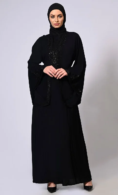 Handcrafted and Machine Embroidered Bell Sleeves Black Abaya