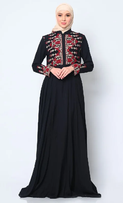 Modern Cross Stitch Embroidered Black Abaya with Pockets