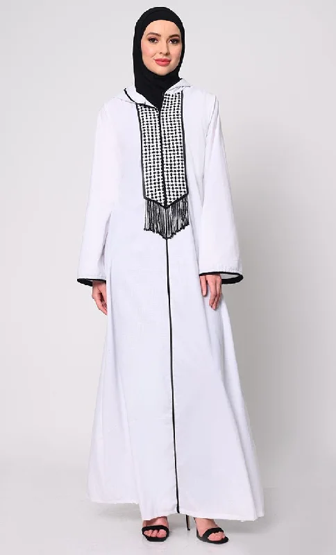 Tassel-Adorned White Hoodie Abaya with Pockets