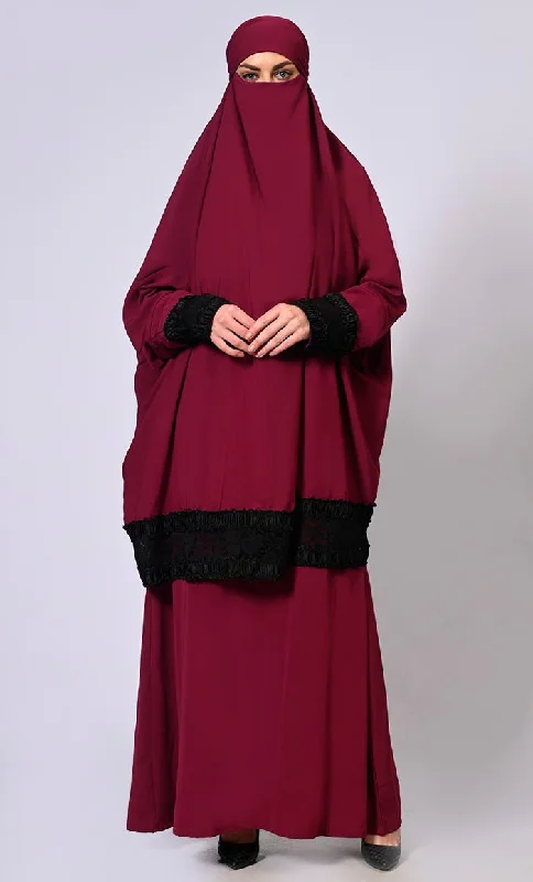 Women's Maroon Niqab and Abaya Set with Stylish Lace Detailing