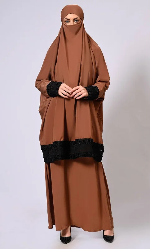 Women's Brown Niqab and Abaya Set with Stylish Lace Detailing