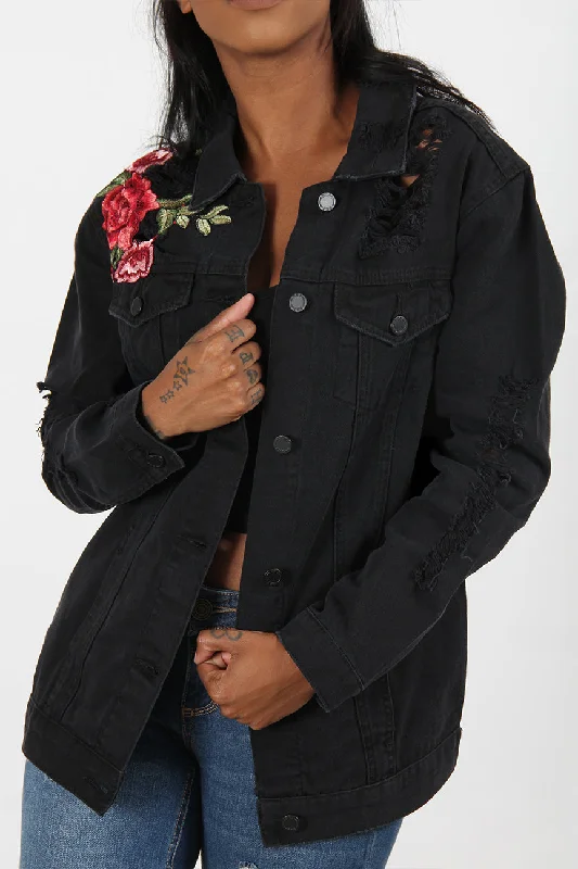 Destructed Rose Patch Denim Jacket