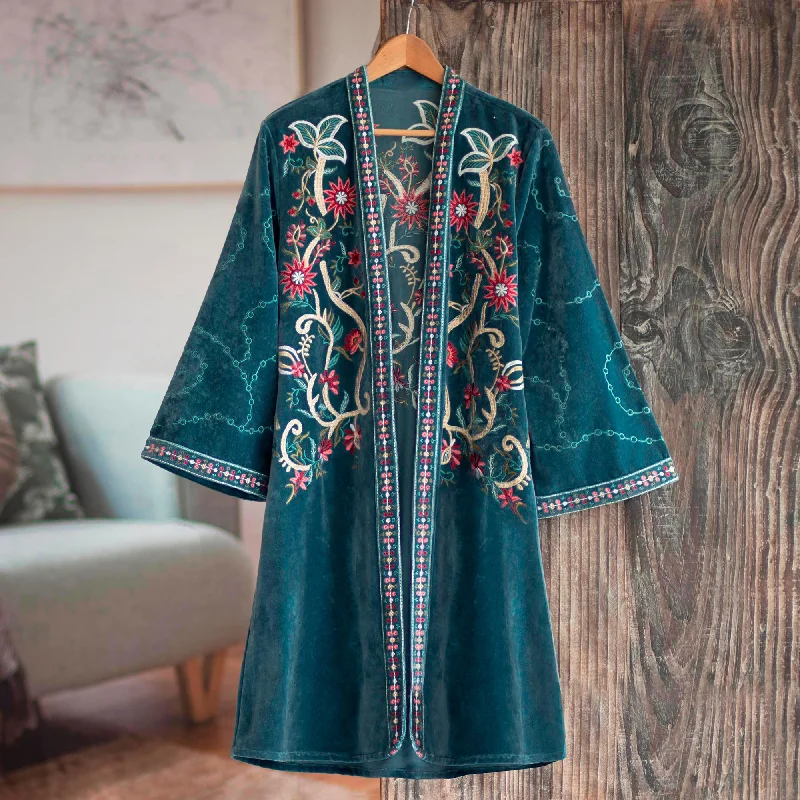 Embroidered Chic Embroidered Long Blue Cotton Velvet Open Front Jacket