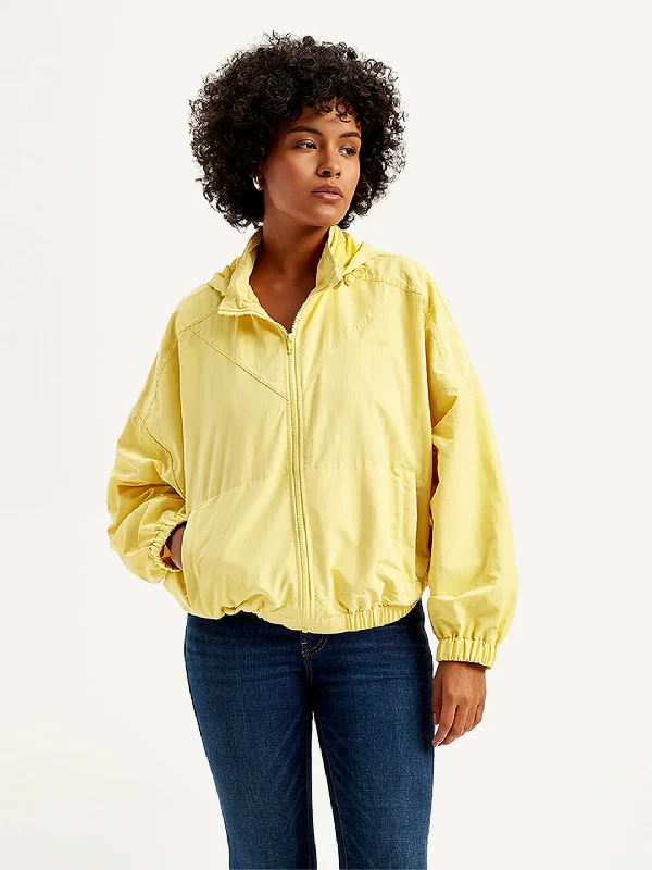 Women's Solid Yellow Hooded Windcheater Jacket