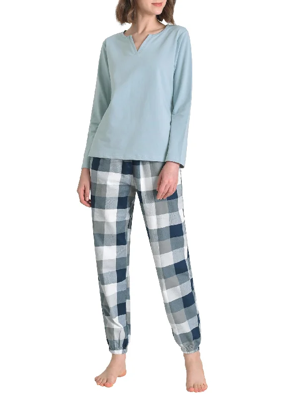 Women's 2 Piece Pajama Lounge Set Long Sleeves Top Flannel Plaid Joggers