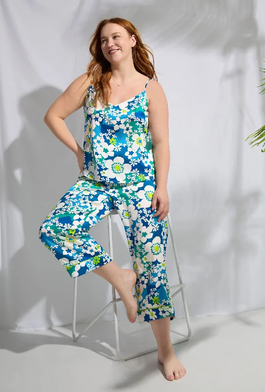 BedHead x Trina Turk Bali Blue Floral Women's Cami Washable Silk Satin Cropped PJ Set