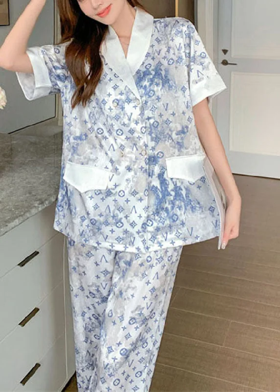 Bohemian White Print Oversized Draping Ice Silk Pajamas Women Sets 2 Pieces Short Sleeve