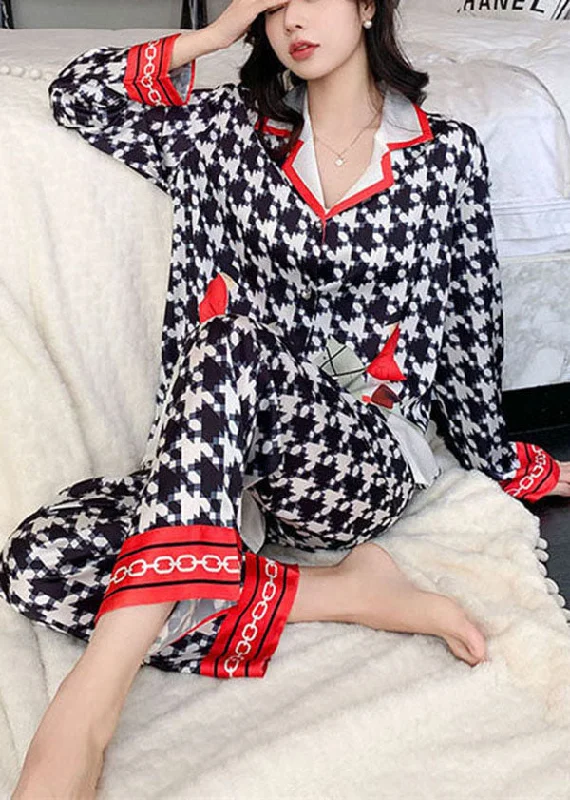 Chic Black Plaid Peter Pan Collar Print Ice Silk Pajamas Two Piece Set Women Clothing Spring