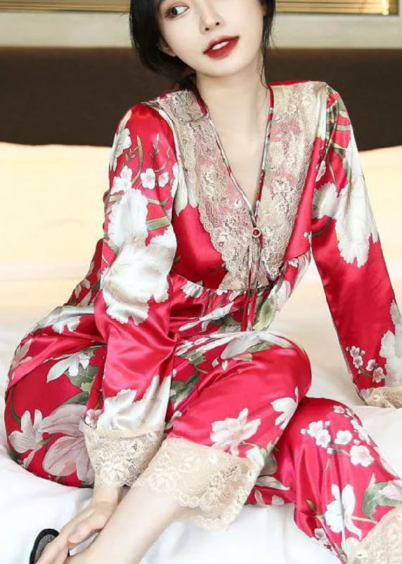 Style Red Oversized Patchwork Lace Ice Silk Pajamas Two Pieces Set Spring