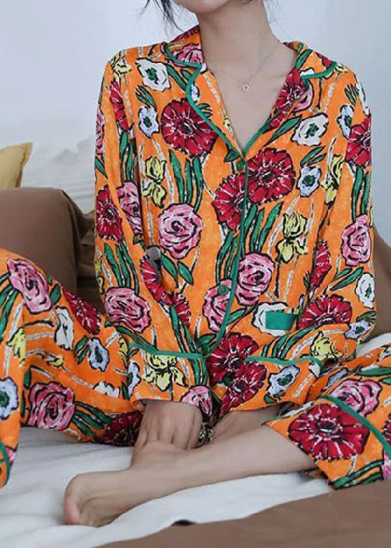 Stylish Yellow Patchwork Print Ice Silk Pajamas Two Pieces Set Spring